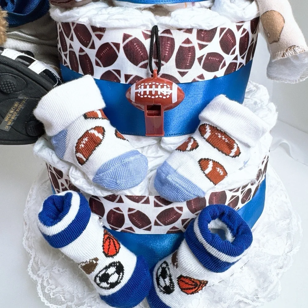 Football Themed Diaper Cake with Teddy Bear, Baby shower gift